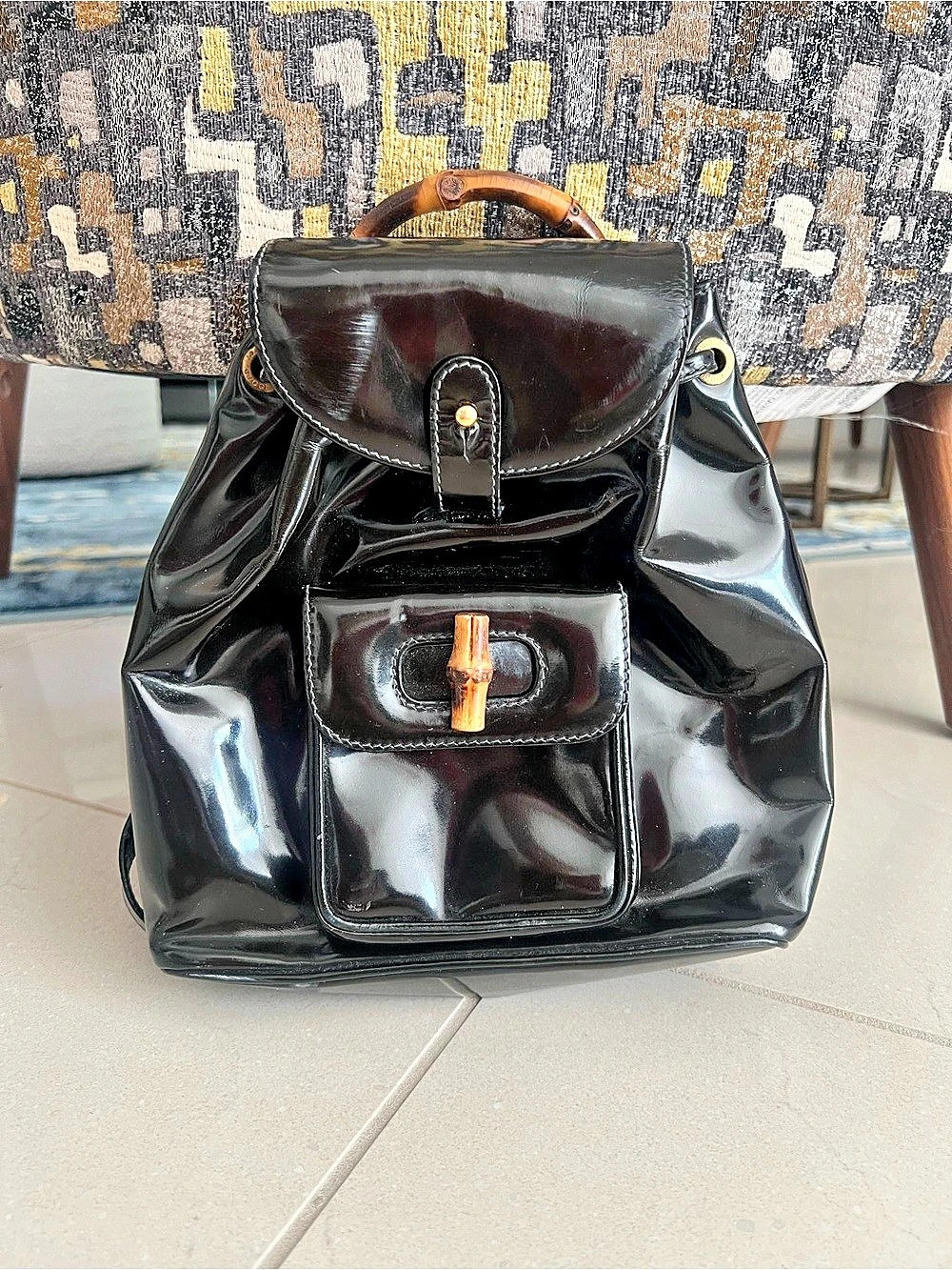 Gucci Vintage Bamboo Patent Leather Backpack Black